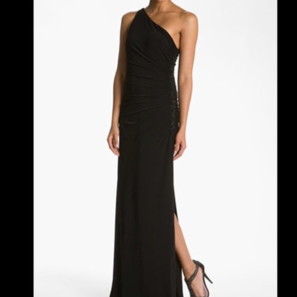 Laundry Shelli Segal Black Slit One Shoulder Gown Maxi Dress Mesh Waist Detail 8 - Picture 3 of 10